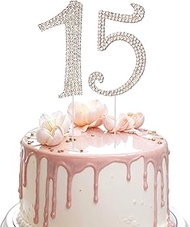 2PCS Gold 15th Birthday Cake Topper, Bling Crystal Rhinestone Number 15 Decorations for Girls Annive
