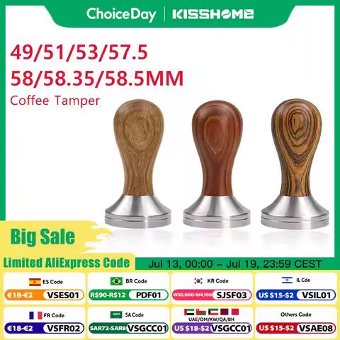 Coffee Tamper 41mm 49mm 51mm 53mm 57.5mm 58.35mm Wooden Handle Stainless Steel Delonghi Breville Bar