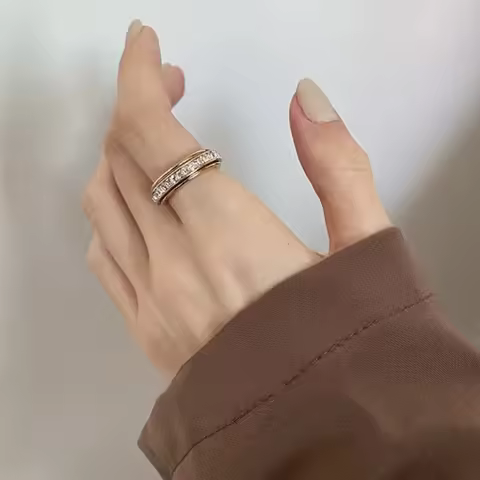 Rotatable Zircon Anxiety Ring Stainless Steel Spinner Ring with Crystal Inlaid Fidget Ring for Women