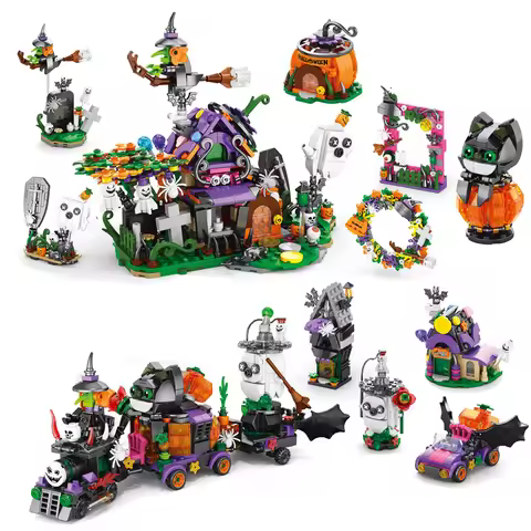 Halloween Horror Haunted House Ghost Train 6-In-1 Model Building Blocks Bricks Set Toys For Children
