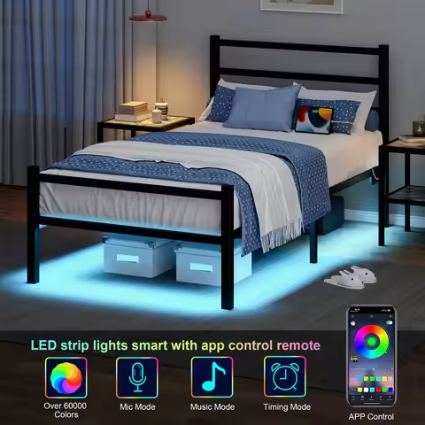 Twin Bed Frame, LED Bed Frame With Charging Station, Twin Bed Frame