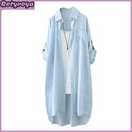 Women Shirt Mid Length Turn-down Collar Single-breasted Irrgular Hem Loose Plaid Print Chest Pocket