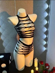 Conjunto de lencería sexy rasgable a mano para mujeres, body de encaje transparente sin tirantes estilo bikini, pijama, 2 piezas