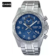 Velashop นาฬิกาข้อมือผู้ชายคาสิโอ Casio Mens Analog World Time Display Watch สายแสตนเลส หน้าปัดน้ำเง