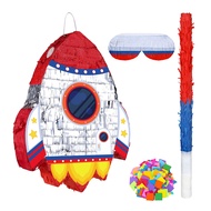 Pull String Rocket Ship Pinata Rocket Pinatas with Blindfold Bat Stick Confetti for Kids Space Theme