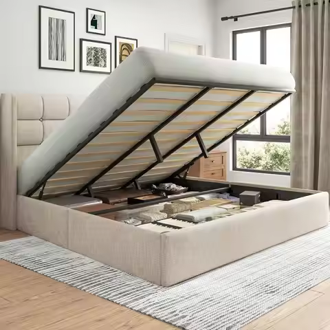 King Size Lift Up Storage Bed Frame, Linen Upholstered King Platform with Button Tufted Wingback Hea