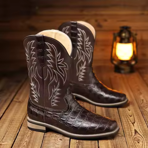 Mens Boots Cowboy Boots Imitation Crocodile Pattern High Tube Embroidered Retro Wide Head Western Co