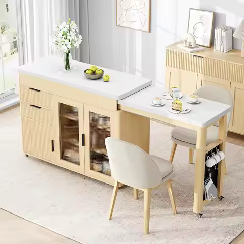 78.7" Kitchen Island with Extendable Dining Table, Rolling Kitchen Cart on Wheels with Quartz Lamina