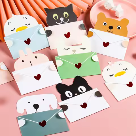 1/9pcs Cute Cartoon Gift Card Folded Envelope Greeting Card Holiday Wishes Postcards Animals Birthda