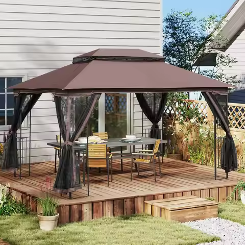 Outdoor Gazebo 10'x13', Heavy Duty Canopy Tent with Metal Corner Frame Shelves & Soft Double Roofs, 