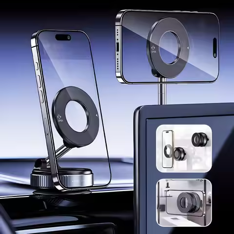 The strong magnetic car phone stand features a foldable design and a 360° adjustable vacuum stand, m