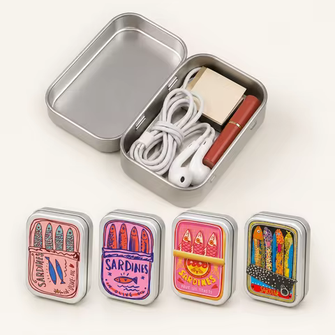 Portable Tin Case Mini Metal Box Cute Sardine Print Tin Box Small Pill Case Travel Jewelry Storage C
