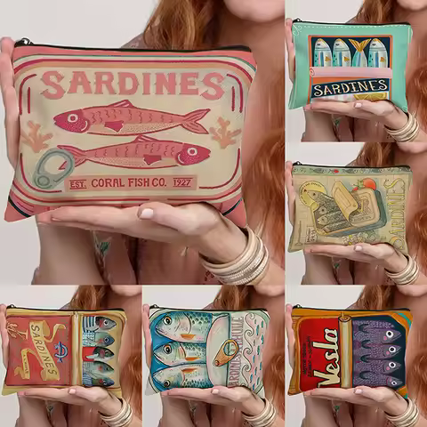 Travel-Friendly Canvas Cosmetic Bag, Retro Sardine & Olive Oil Print, Roomy Makeup Organizer