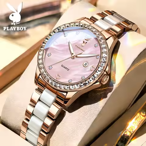 PLAYBOY 3555 Elegance Women Watch Pearl Dial Stainless Steel Ceramic Watch Band 30m Waterproof Fashi