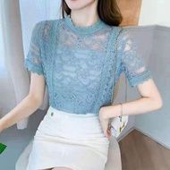 Women Short-sleeved Blouse Korean Style Lady Lace Loose Slim Hollow T-shirt PGHI