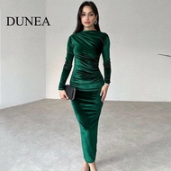 DUNEA Women Casual Pleated Long Velvet Dress