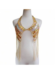 1入新款閃亮亮的亞克力鑲嵌鑽石和流蘇胸鏈襯衫鏈女式時尚身鏈