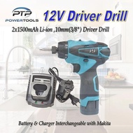 PTP 12V CORDLESS DRILL DRIVER/ SIMILAR TO MAKITA TD090DWE/ BATTERY AND CHARGER INTERCHANGEABLE
