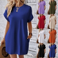 2025 Women's Spring Solid Color Round Neck Loose Short Sleeve Pocket Dress 10.23D