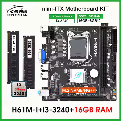 H61 mini itx placa mãe motherboard LGA1155 kit set combo with Core I3 3240 CPU and 16GB 1600MHz DDR3