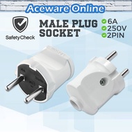 250v 6A 2 Pin Male Plug Socket Extension Plug Electric 2 Pin Plug Top Male Connector Round Pin Adapt
