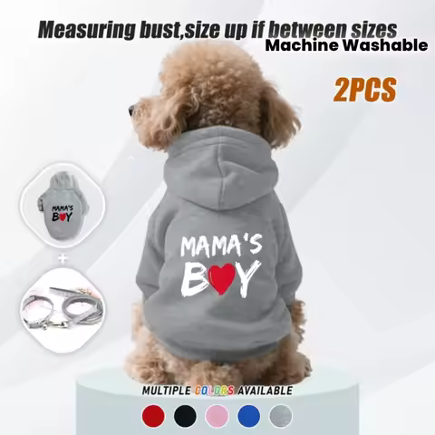 2pcs Warm Style Dog Outfit Set | MAMA Letter Heart Print,Hoodie Leash Fits Small Medium Pets for Fam