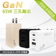 【WELLY】 65W氮化鎵GaN快充 PD+QC+PPS全兼容 USB-C/A三孔輸出 極速充電器