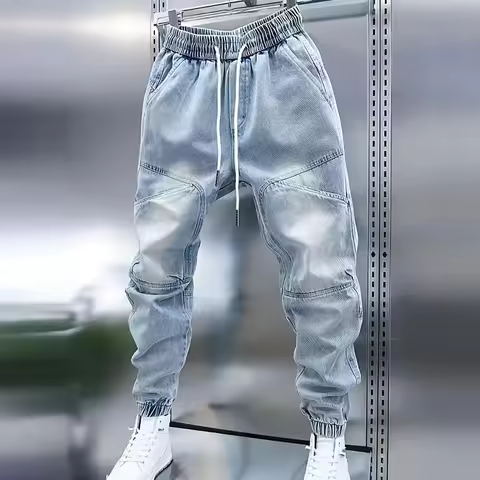 Men's New Drawstring Elastic Waist Light Blue Cuffed Baggy Jeans