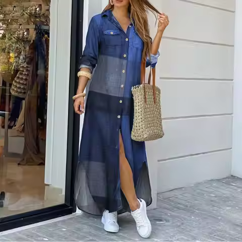 Spring And Autumn Women's Fashion Plaid Printed Polo Neck Shirt Dress Elegant Denim Long Sleeve Butt