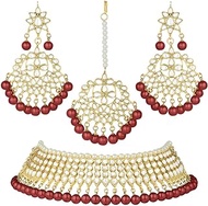 Kundan Beaded Choker Necklace Set/Jewellery Set (Maroon) with Maang Tika Ethnic Fashion Jewellery for Women