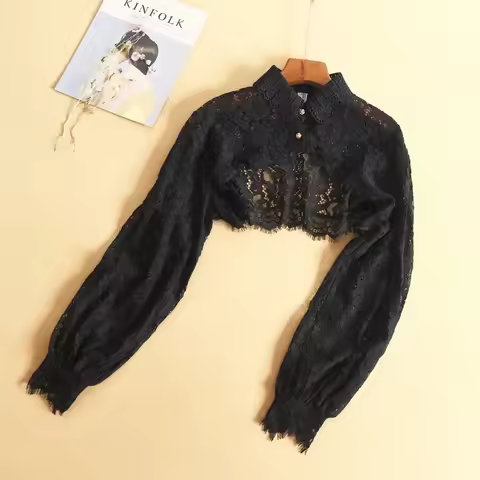 Lace Shrugs Long Sleeves Sweater Bolero Collar Crop Tops Women Button Under Knit Shirt Without Tube 