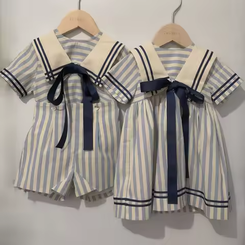 Children Boutique Clothing Boys Girls Short Sleeve Blue Striped Navy Tie Set Vintage Cotton Siblings