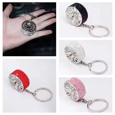 Car Wheel Shape Crystal Wheel Keychain Metal Crystal Car Crystal Wheel Keyring Colorful Round Crysta