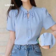 Lovito Elegant Blouse Lace Up Button Front Button Spring/summer Blue Blouse for Women LK4ED565 Lovit