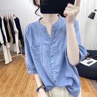 7.17-17.17-1Hong Kong style retro design V-neck pure cotton short-sleeved shirt for women versatile 