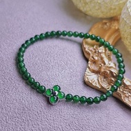 財富•幸運|老坑綠|A貨翡翠冰玻綠純銀四葉草萬用臺綠珠串手串
