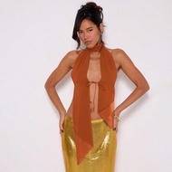 เสื้อแก้ว คอหัวเข่า เชือกผูก หลังเปิด สีพื้น ใส่งานปาร์ตี้วันเกิด ฤดูร้อน Ibiza