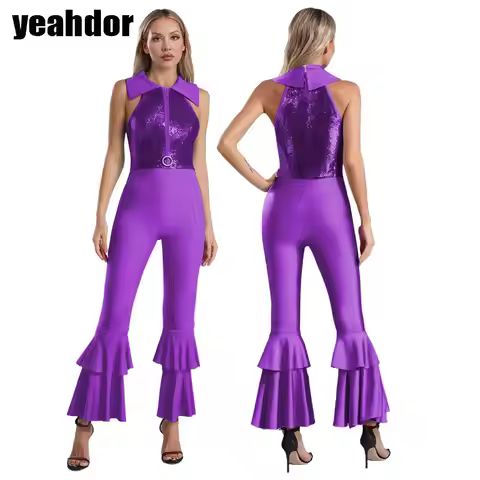 Women Disco Dance Jumpsuit 60s 70s Retro Hippie Jumpsuit Sleeveless Rhinestone Bell-Bottom Bodysuit