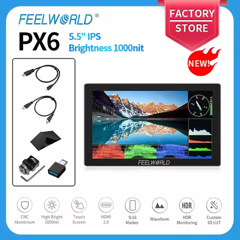 FeelWorld P6X 5.5" Camera Field Monitor 3D LUT HDR IPS Panel TouchScreen Display 4K HDMI-Compatible 
