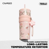 CIVAGO（26oz/780ml）Ceramic liner Stainless Steel Coffee Mug With Lid Vacuum Flask Tumbler Floral Seri