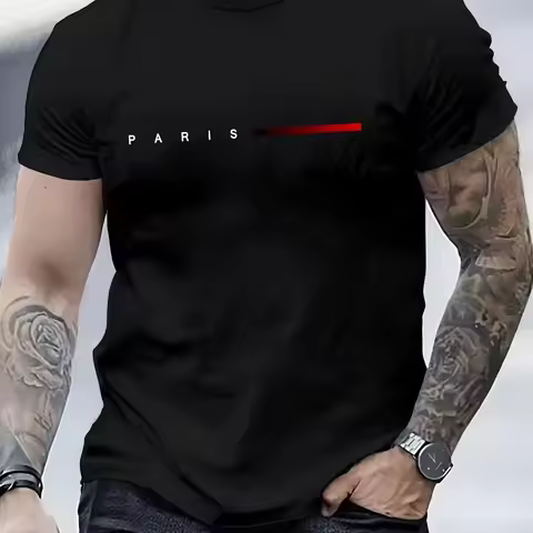 Men's 100% Cotton Summer Loose PARIS Creative Letter Print Casual Slim Fit Round Neck Short Sleeved 