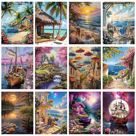 CHENISTORY Coloring By Number Sailboat Landscape Kits Home Decoration Pictures Painting By Number Se