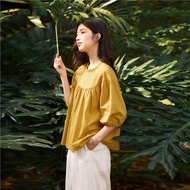 GIORDANO Women Blouses Ruffle-Trim Crewneck Gentle Blouses Elbow Length Raglan Sleeve Pleated Fashio