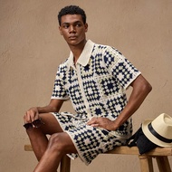 2pcs/Set Men Knitted Polo Collar Loose Short Sleeve Fall Sweater And Elastic Waist Straight Leg Shor