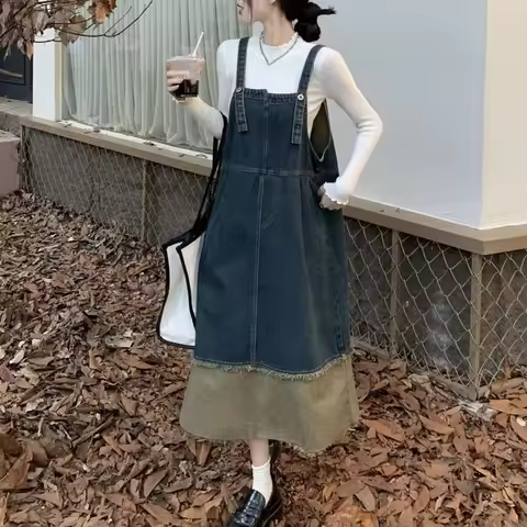 Simple Patchwork Cowboy Overalls Dress Loose Sleeveless Denim Dress Women Retro Chic High Waist Long