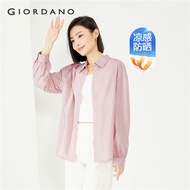 GIORDANO ผู้หญิง เสื้อเชิ้ต UPF50+ เสื้อเชิ้ตน้ำหนักเบาแขนพัฟมีกระดุมปิดแฟชั่นพื้นฐานเรียบง่ายเสื้อเ
