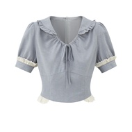 Chic Kobe Vintage High School สไตล์ Slimming Butterfly Knot Ruffle เสื้อยืดผู้หญิงฤดูร้อนทุกวัน V คอ