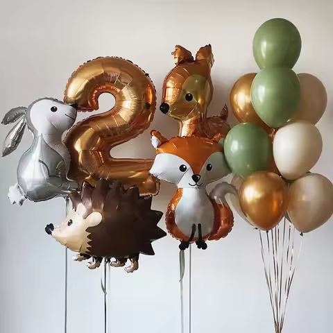 19pcs Hedgehog Deer Fox Rabbit Balloon Set Gold Number Balloon Woodland Animal Happy Birthday Party 