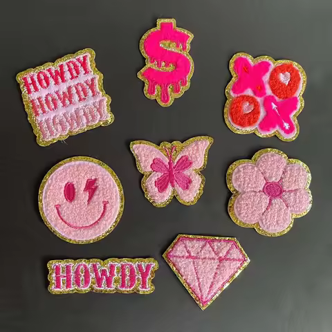 Pink Chenille Patches with Golden Edged Flower,Butterfly,HOWDY Letter Badges Iron On Embroidered Pat