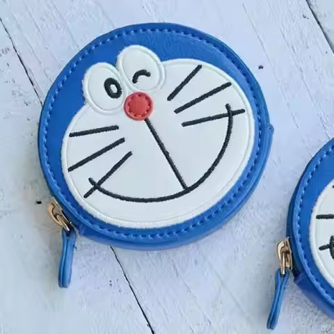 Doraemon Dorami Pu Embroidery Blink Mini Circle Shape Zipper Style Coin Storage Wallet Portable Earp